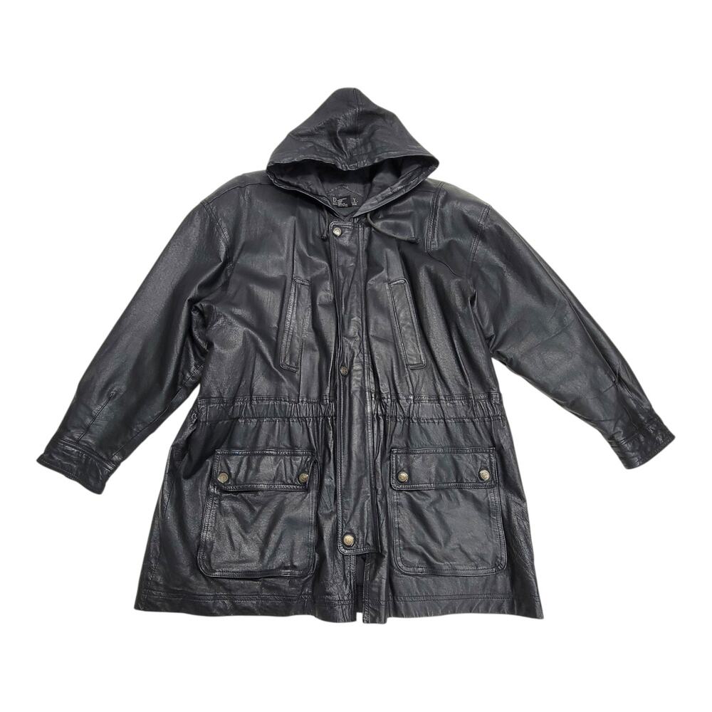 Vintage DANY Direct Action New York Leather Parka Jacket Hooded Coat Black L